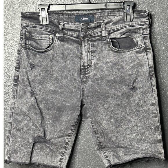AERO Men's Black Acid Wash Distressed Slim Cut-Off Denim Shorts NWOT - Picture 3 of 7